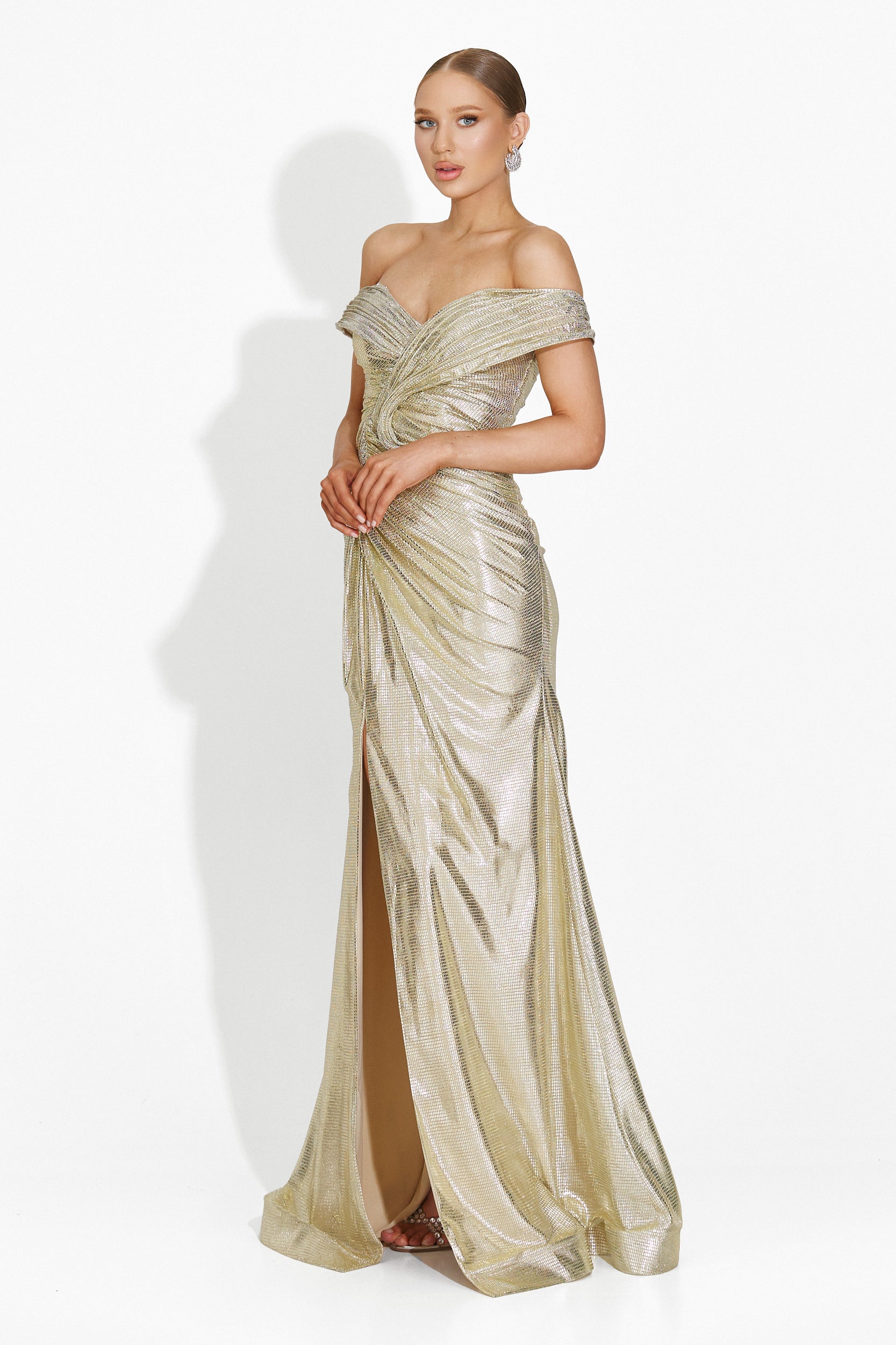 Дълга дамска рокля в бежово-златисто Stephane Bogas