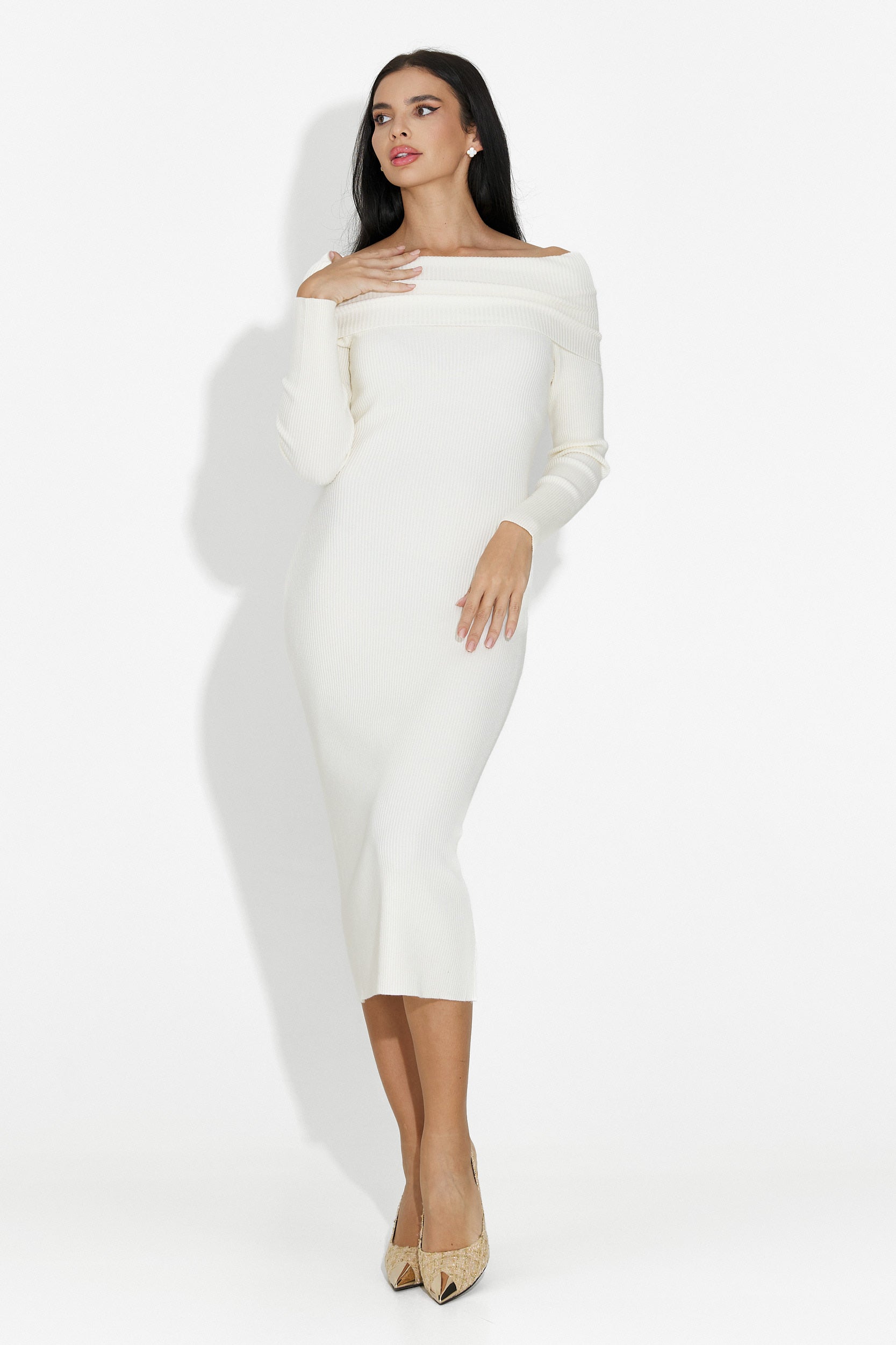 Дамска бежова рокля до коляното Velana Bogas