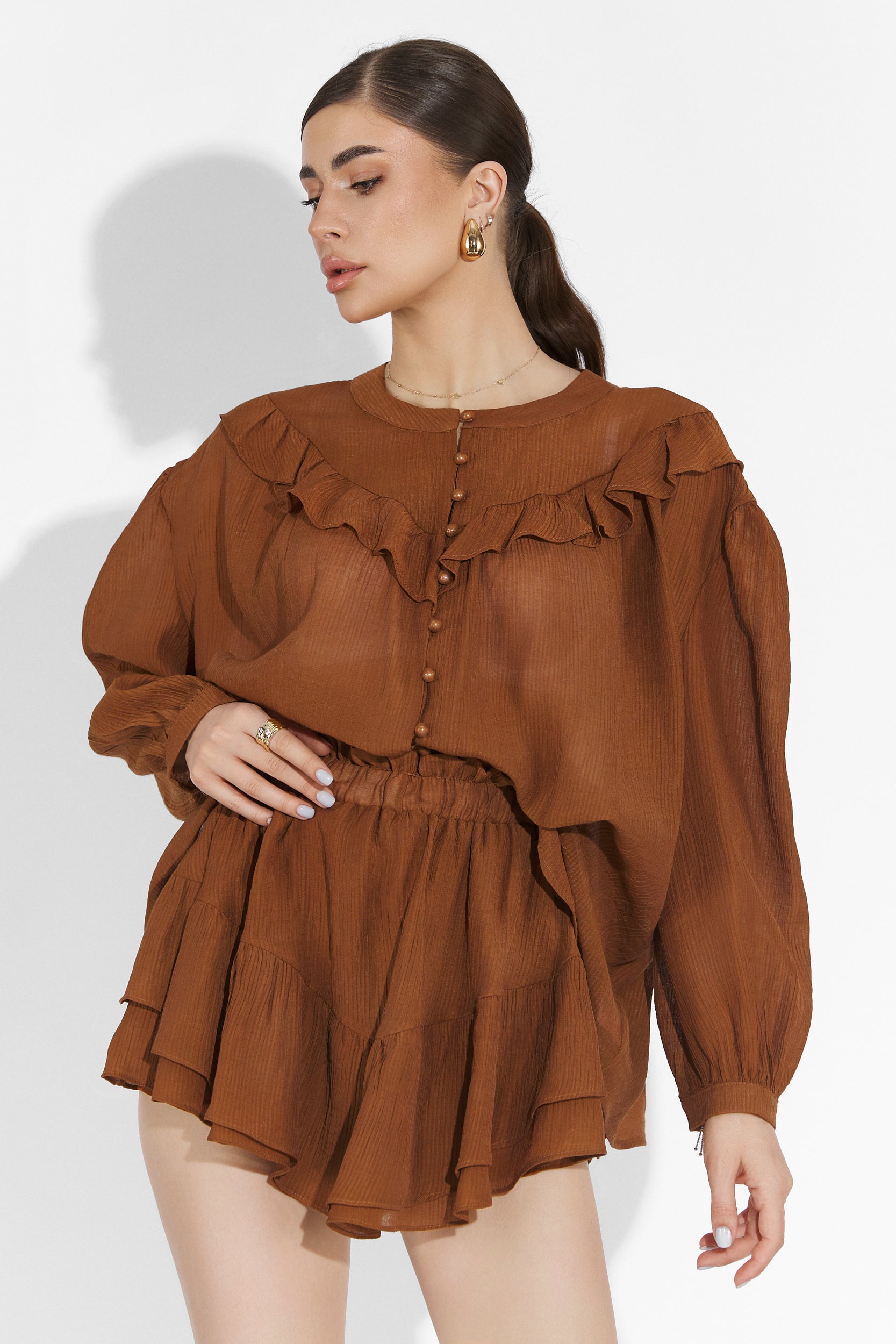 Compleu cu fusta pantalon maro Zingy Bogas