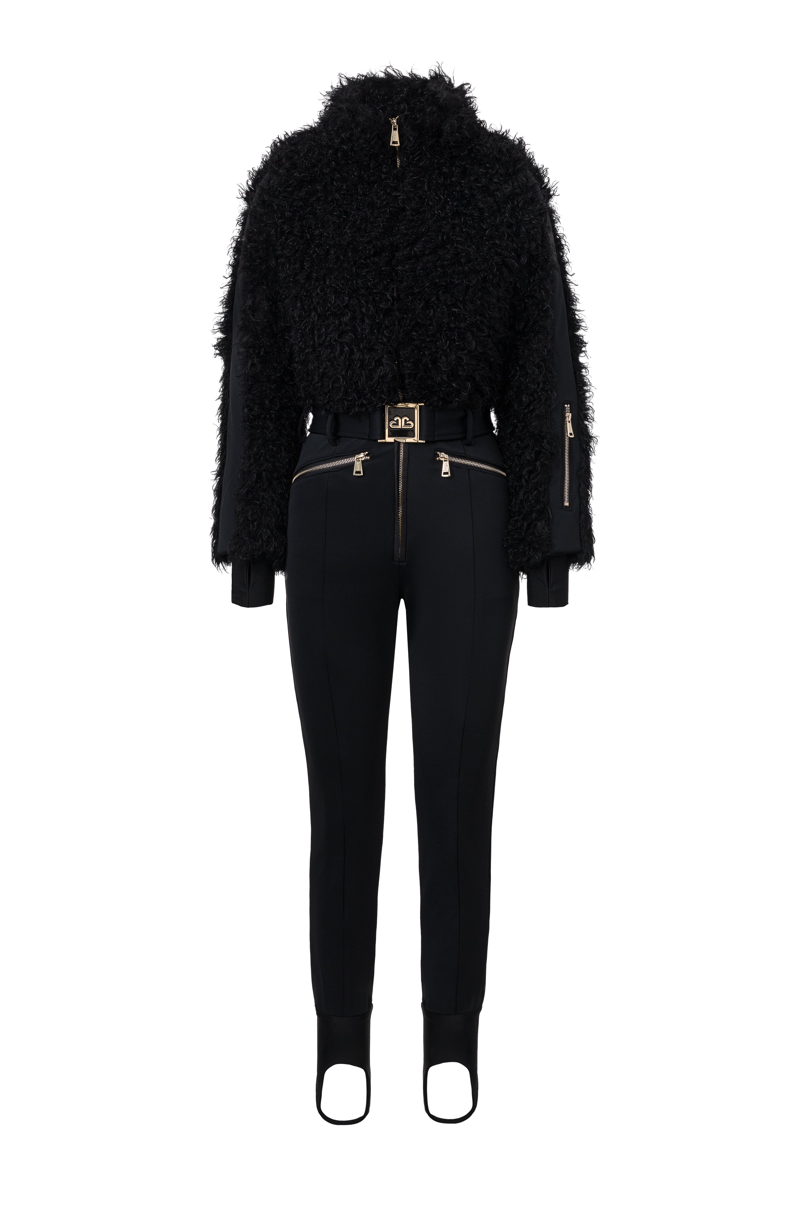 Алисия Богас черен спортен ски комбинезон