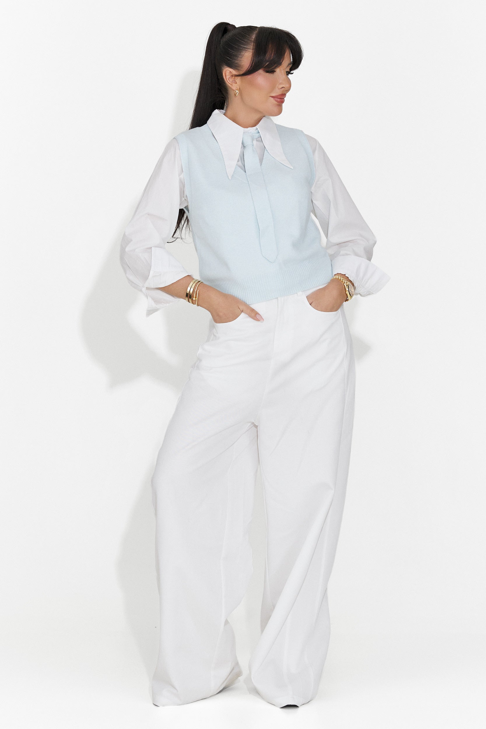 Комплект от 3 части риза + жилетка + светлосиня вратовръзка Tasiana Bogas