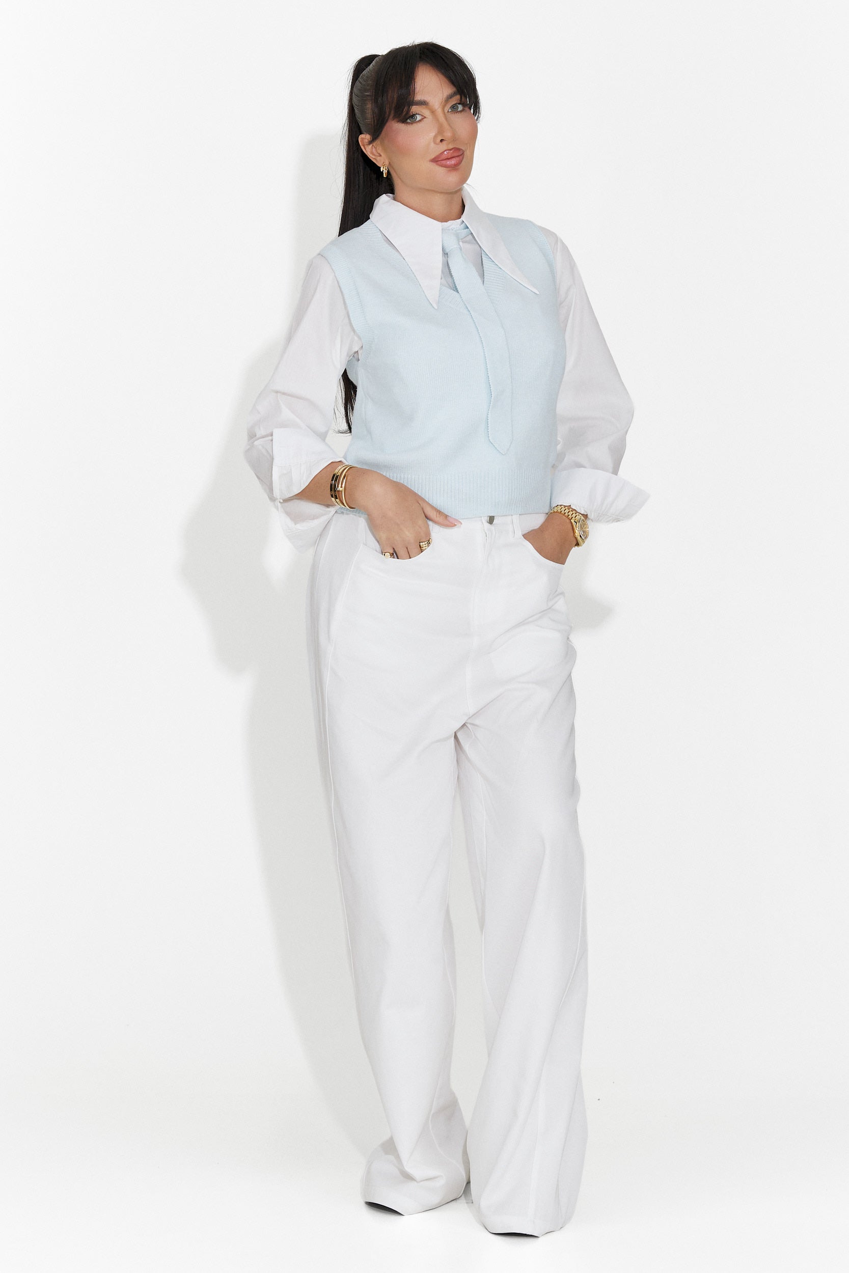 Комплект от 3 части риза + жилетка + светлосиня вратовръзка Tasiana Bogas