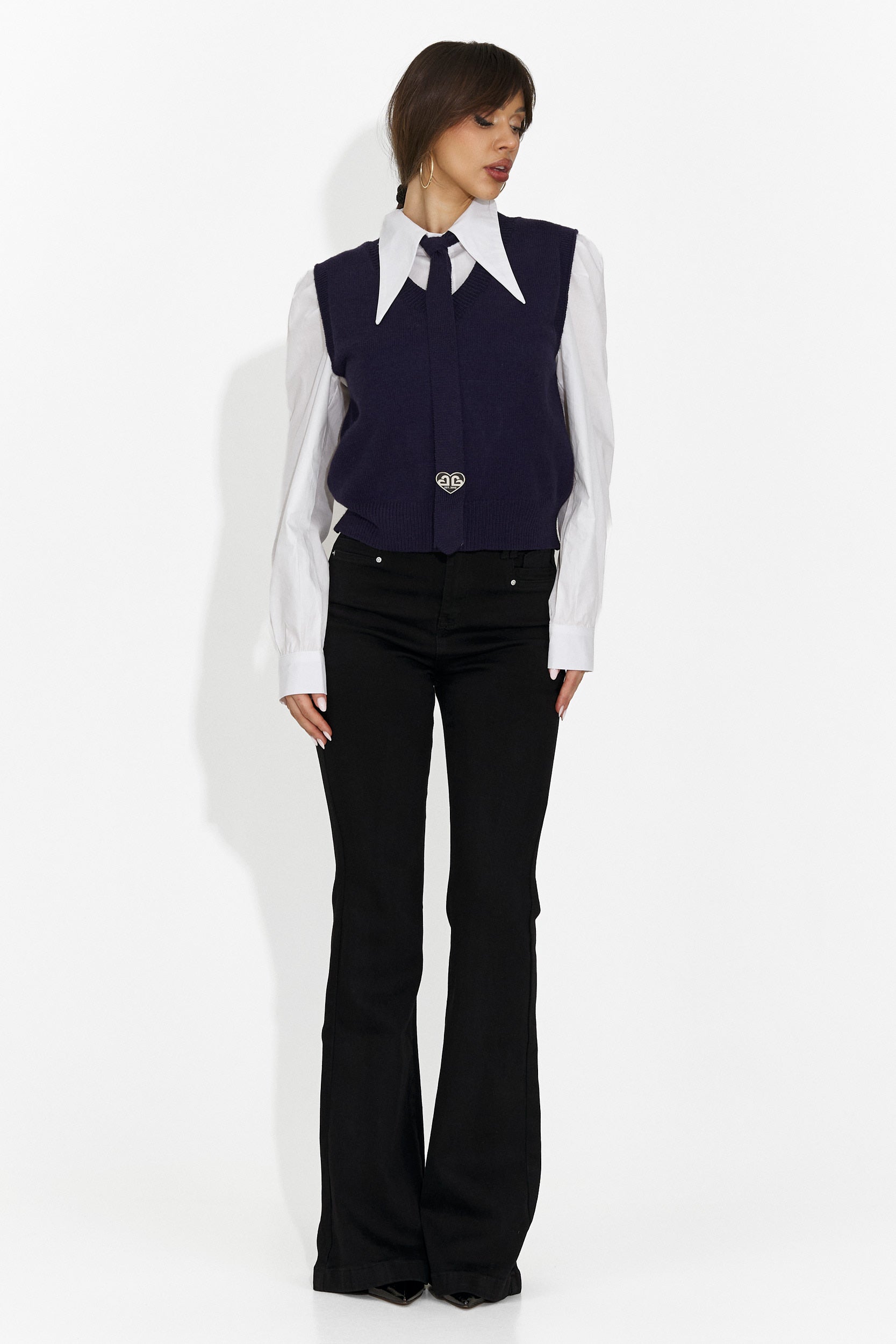 Комплект дамски 3 части риза + жилетка + вратовръзка тъмносин Ofeliana Bogas