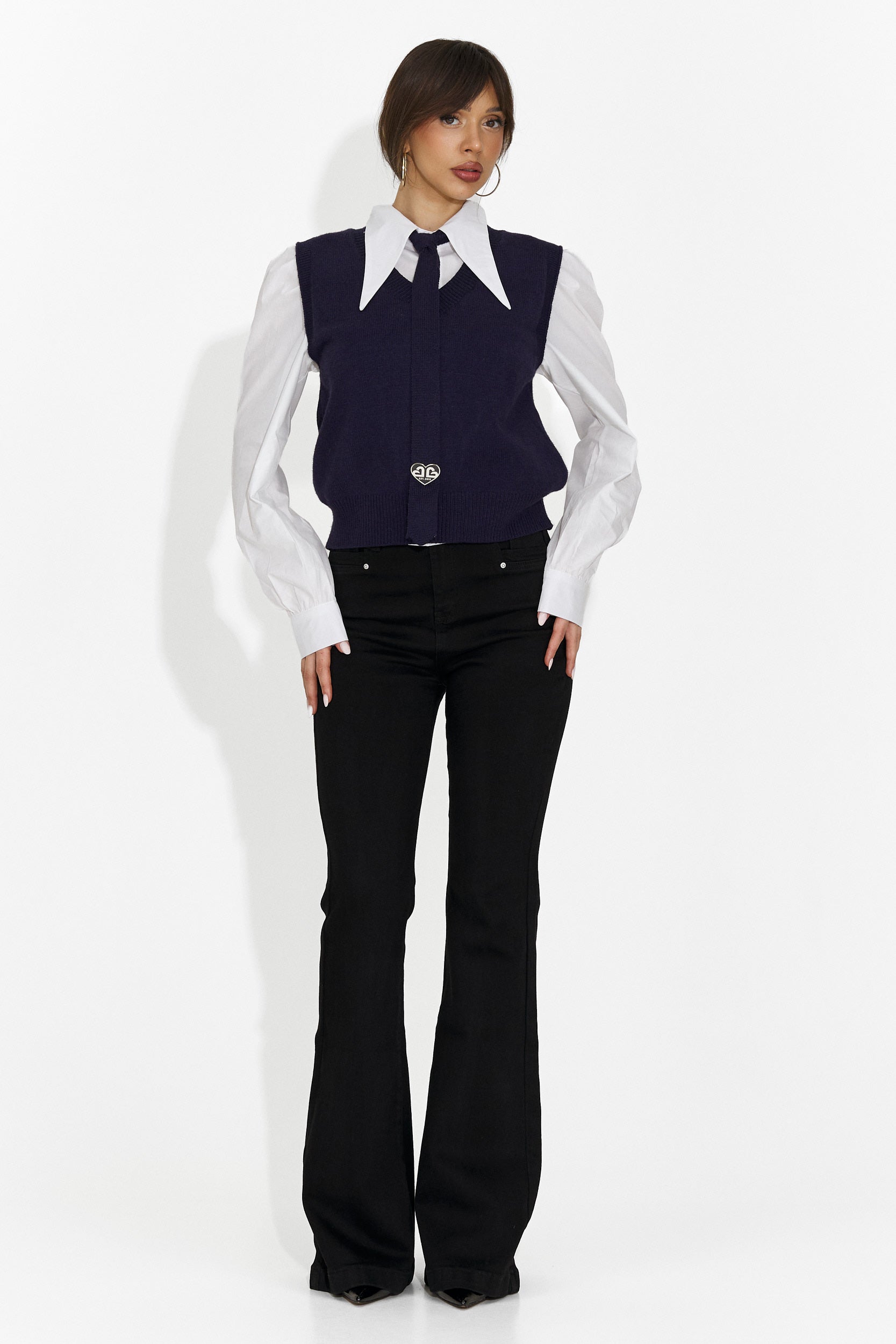 Комплект дамски 3 части риза + жилетка + вратовръзка тъмносин Ofeliana Bogas