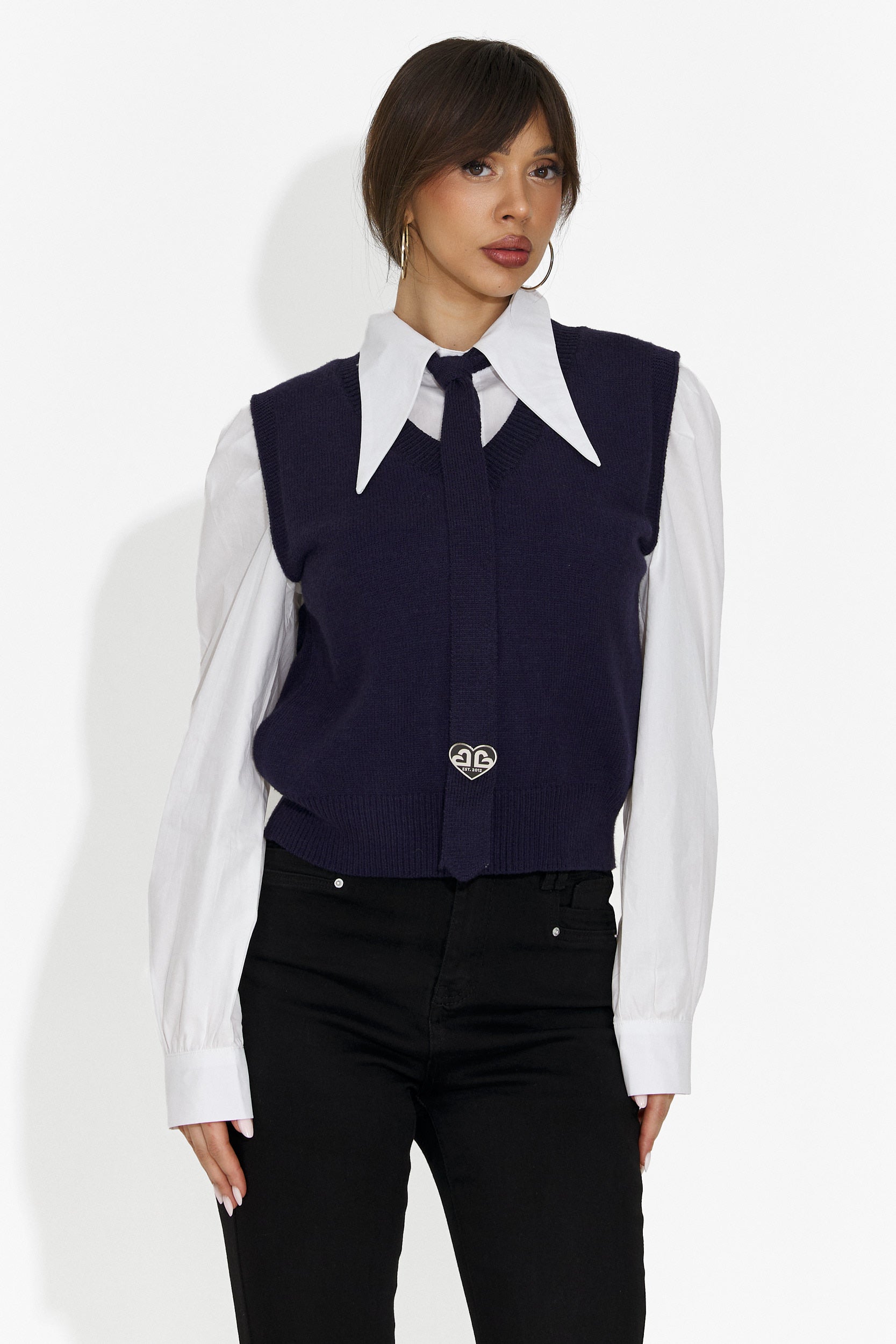 Комплект дамски 3 части риза + жилетка + вратовръзка тъмносин Ofeliana Bogas